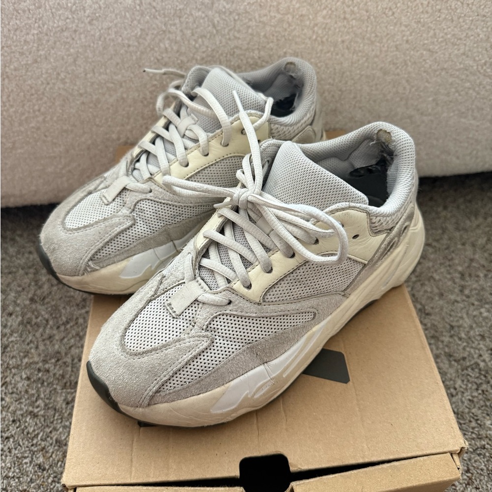 Yeezy Cream and Gray Athletic Sneakers